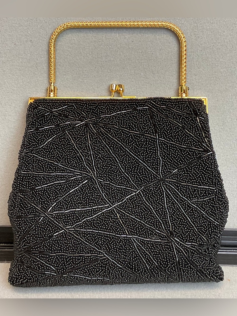 1960’s  Black Beaded Evening Handbag with Gold Frame